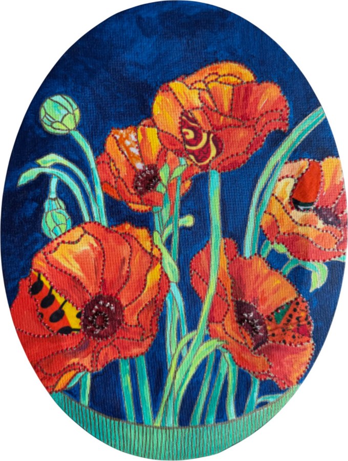 Poppies by Beatrice Lebreton — Acrylic, fabric paint, African wax fabric, beads
