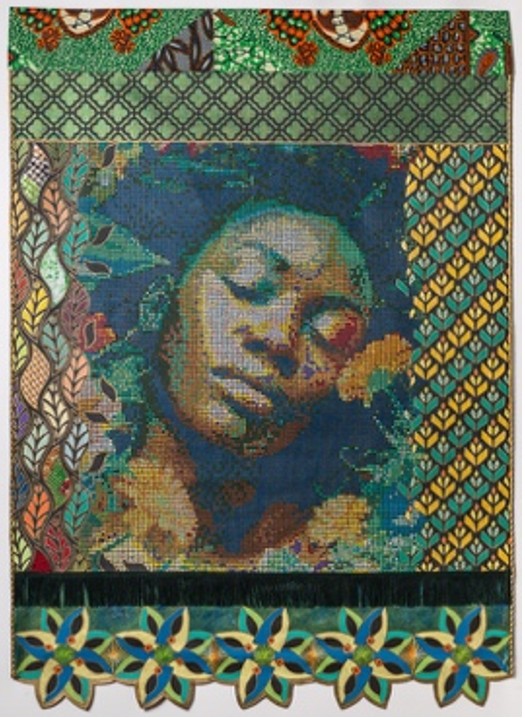 Return to the Garden by Beatrice Lebreton — Acrylic, fabric paint, African wax fabric, beads, embroidery thread, sequins
