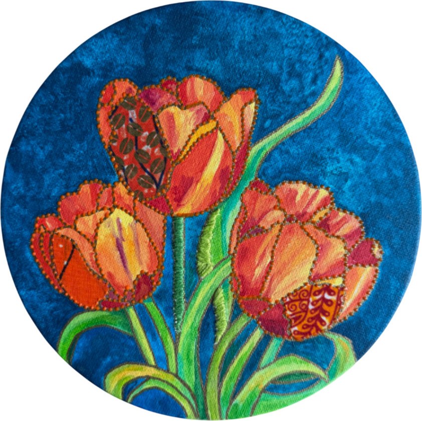 Tulips by Beatrice Lebreton — Acrylic, fabric paint, African wax fabric, embroidery thread