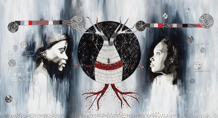 Xam Xam Le (Knowledge is the best weapon) by Beatrice Lebreton — Mixed media on canvas (acrylic, beads, threads, fabric paint, fabric, bullets)