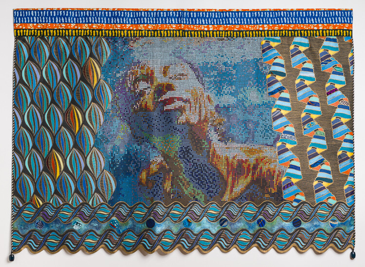 Under Water Euphoria : WATER SERIES by Beatrice Lebreton — Acrylic, Wax African fabric, beads, embroidery thread, fabric paint
