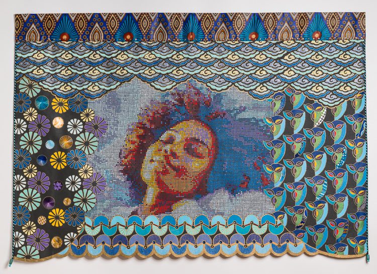 Les Merveilleux Nuages / The Wonderful Clouds : LES BELLES ENDORMIES / SLEEPING BEAUTIES SERIES by Beatrice Lebreton — Acrylic, fabric paint, African wax fabric, beads, embroidery thread, sequins