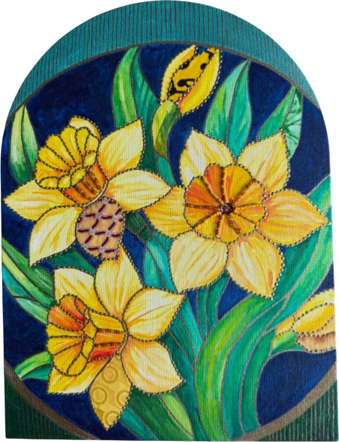 Daffodil by Beatrice Lebreton — Acrylic, fabric paint, African wax fabric, beads