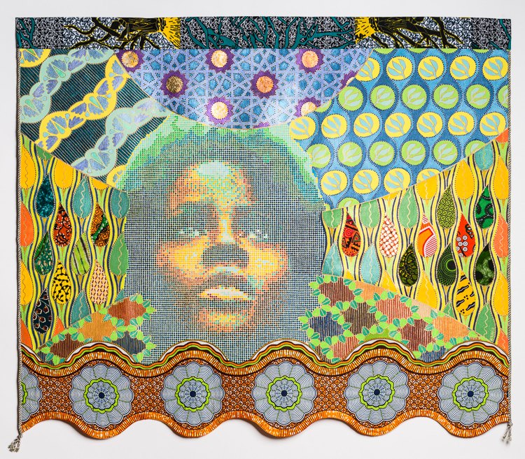 Of Roots and Wings by Beatrice Lebreton — Acrylic paint, African fabric, gold leaf, beads, embroidery, gold marker, fabric paint