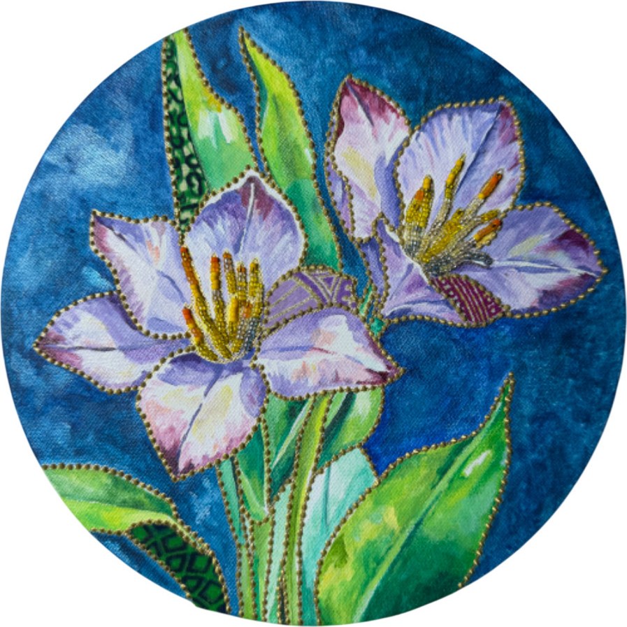Water Hyacinth by Beatrice Lebreton — Acrylic, fabric paint, African wax fabric, beads