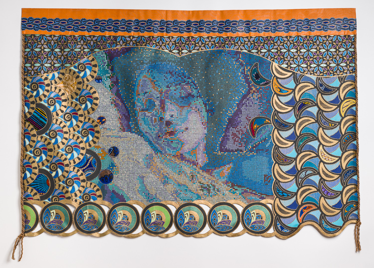 L’Heure Bleue / The Blue Hour by Beatrice Lebreton — Acrylic, fabric paint, African wax fabric, beads, gold leaf