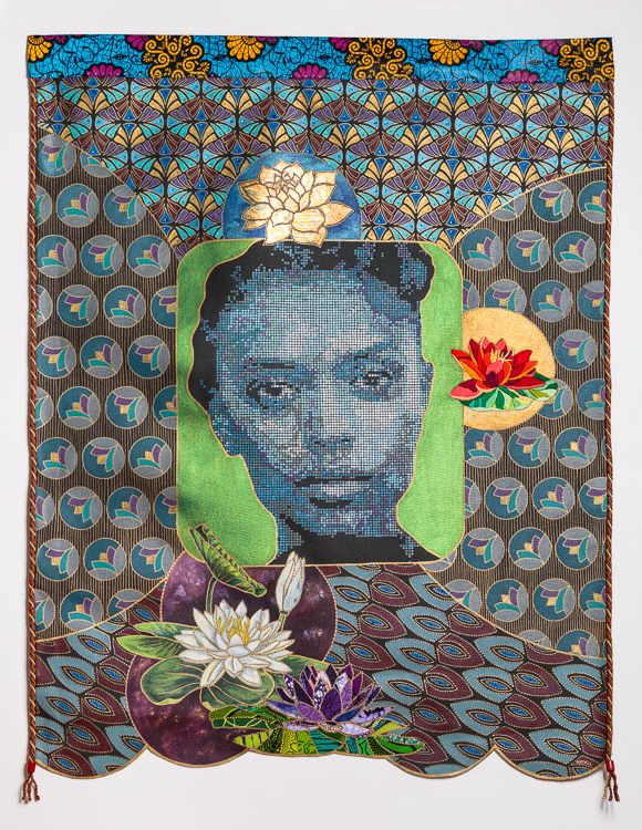 Nymphaea/ Water Lily by Beatrice Lebreton — Acrylic paint, African fabric, gold leaf, beads, embroidery, gold marker, fabric paint