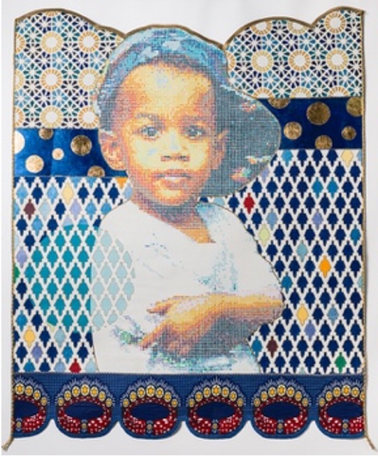My World Contains Multitudes by Beatrice Lebreton — Acrylic, fabric paint, African wax fabric, trim, gold leaf