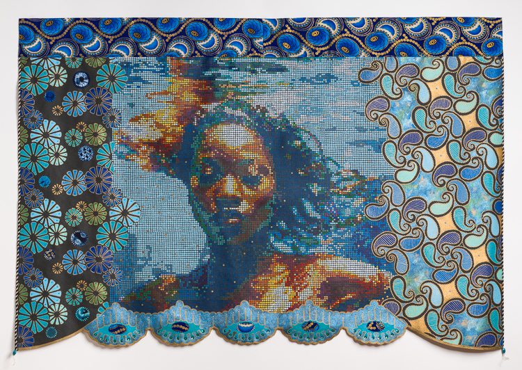 I Found Gold in the Water : WATER SERIES by Beatrice Lebreton — Acrylic, fabric paint, African wax fabric, beads, embroidery thread