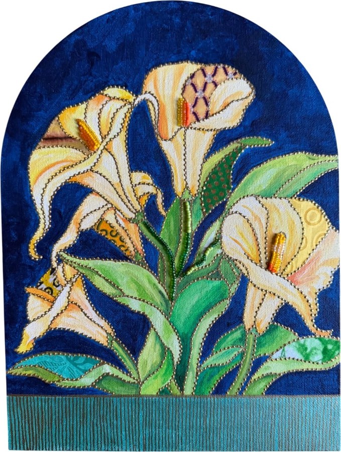 Calla Lily by Beatrice Lebreton — Acrylic, fabric paint, African wax fabric, beads