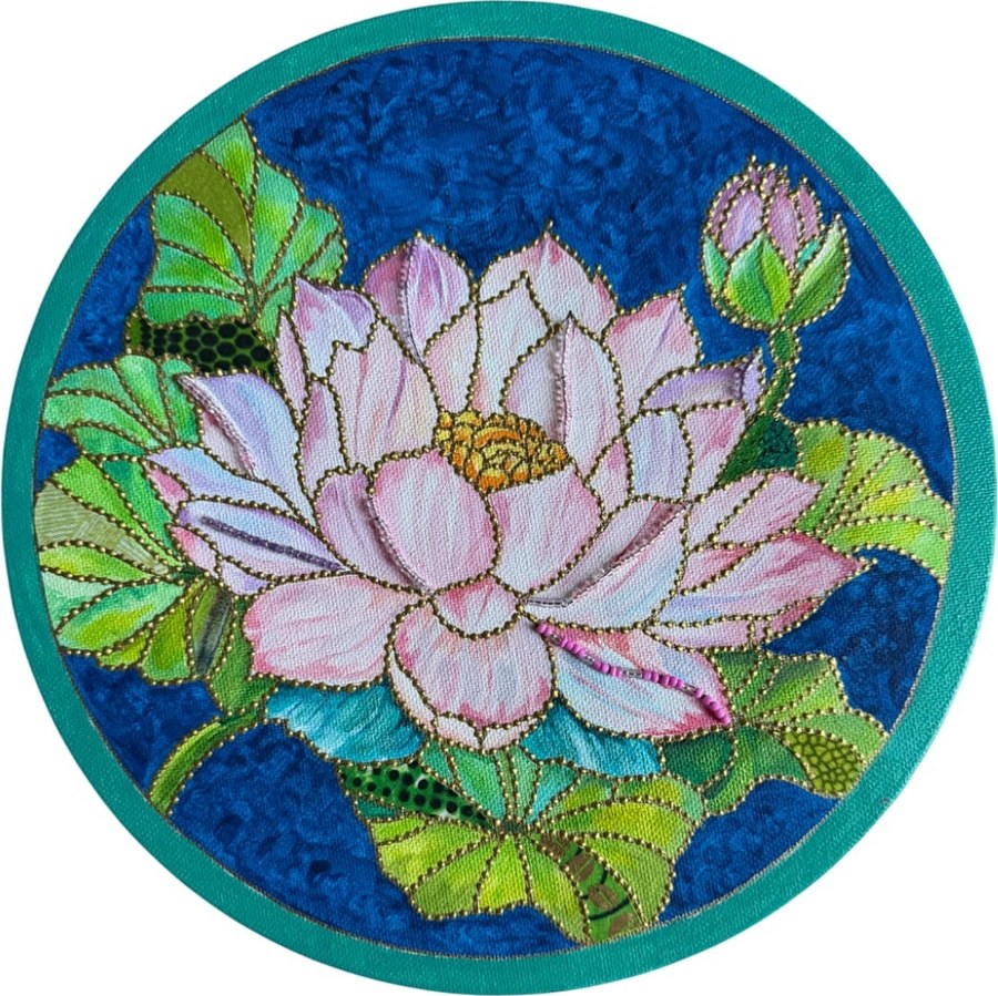 Lotus by Beatrice Lebreton — Acrylic, fabric paint, African wax fabric, beads