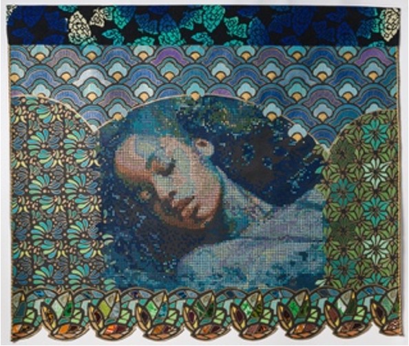 Indigo Sanctuary by Beatrice Lebreton — Acrylic, fabric paint, African wax fabric, beads, sequins