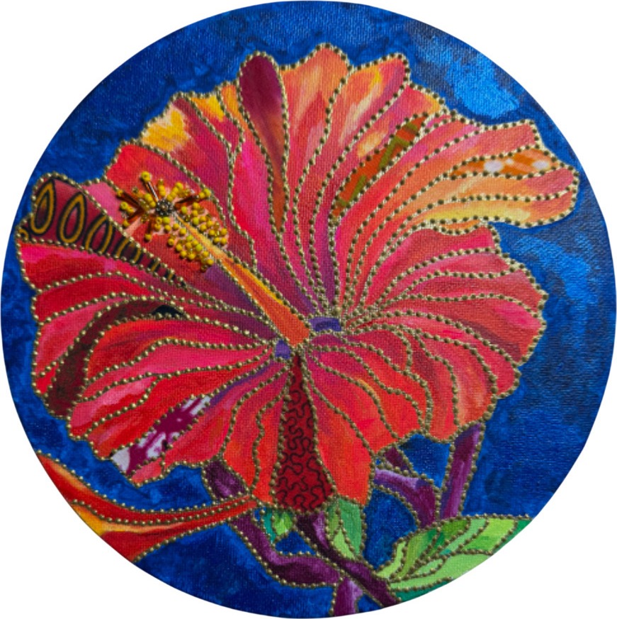 Hibiscus by Beatrice Lebreton — Acrylic, fabric paint, African wax fabric, beads