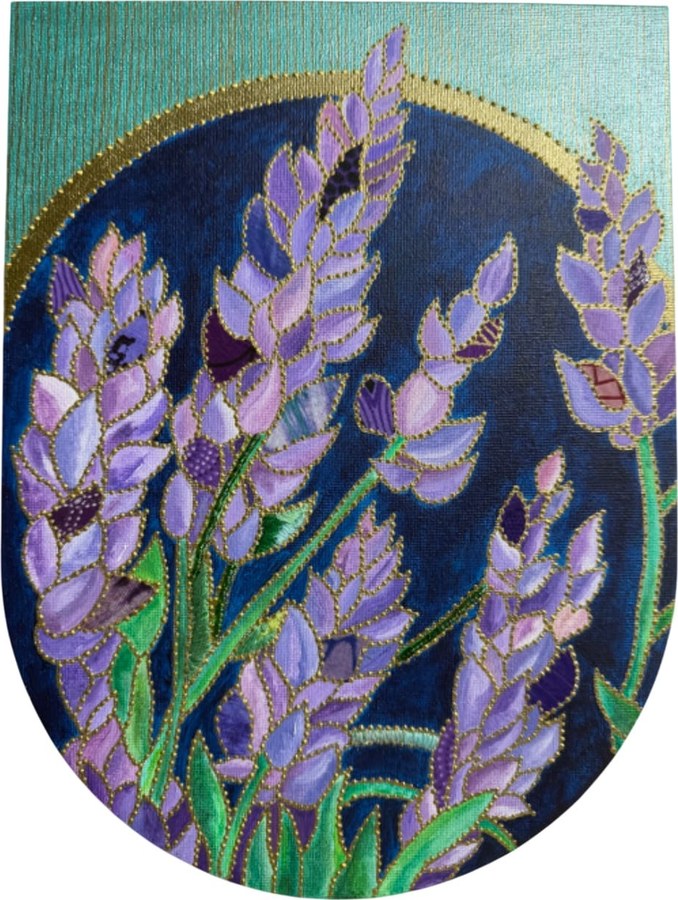 Lavender by Beatrice Lebreton — Acrylic, fabric paint, African wax fabric, beads, embroidery thread
