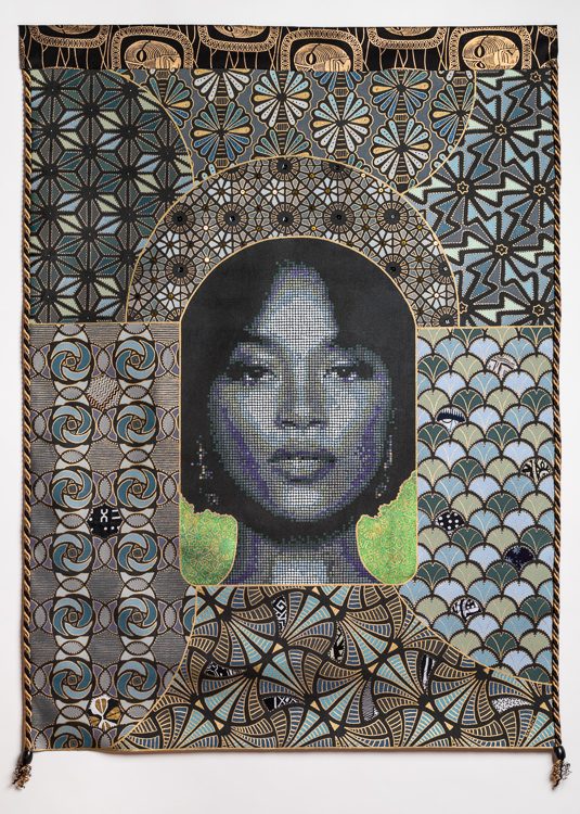 Asteria by Beatrice Lebreton — Acrylic paint, African fabric, beads, gold marker, fabric paint