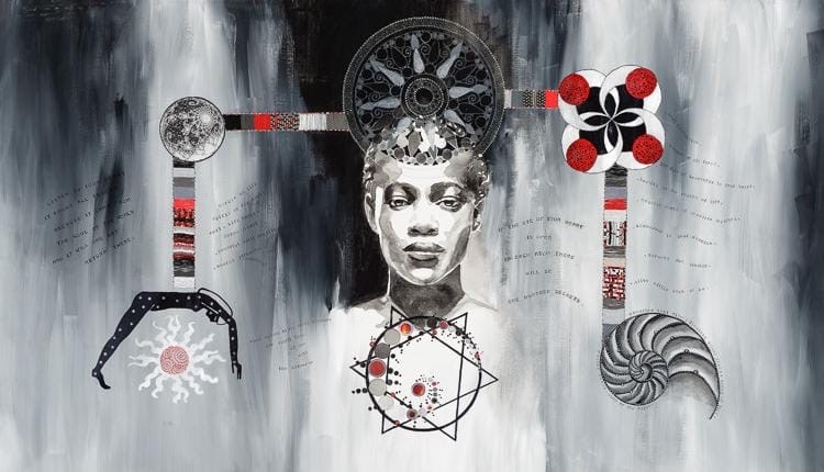 Anima Mundi (The Soul of the World) by Beatrice Lebreton — Mixed media on canvas (acrylic, beads, threads, fabric paint)