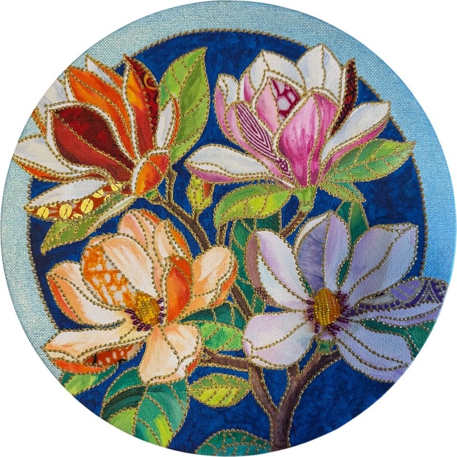 Magnolia by Beatrice Lebreton — Acrylic, fabric paint, African wax fabric, beads